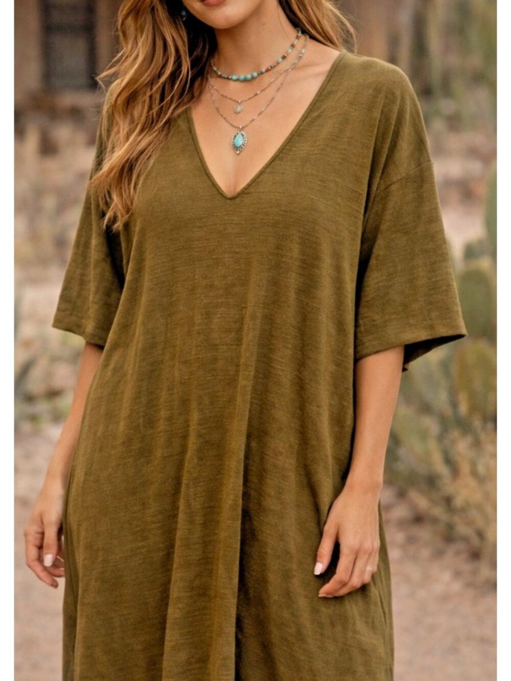 Rabens Saloner Towelling Short Dress Olive Green V Neck Cotton Size S M.
